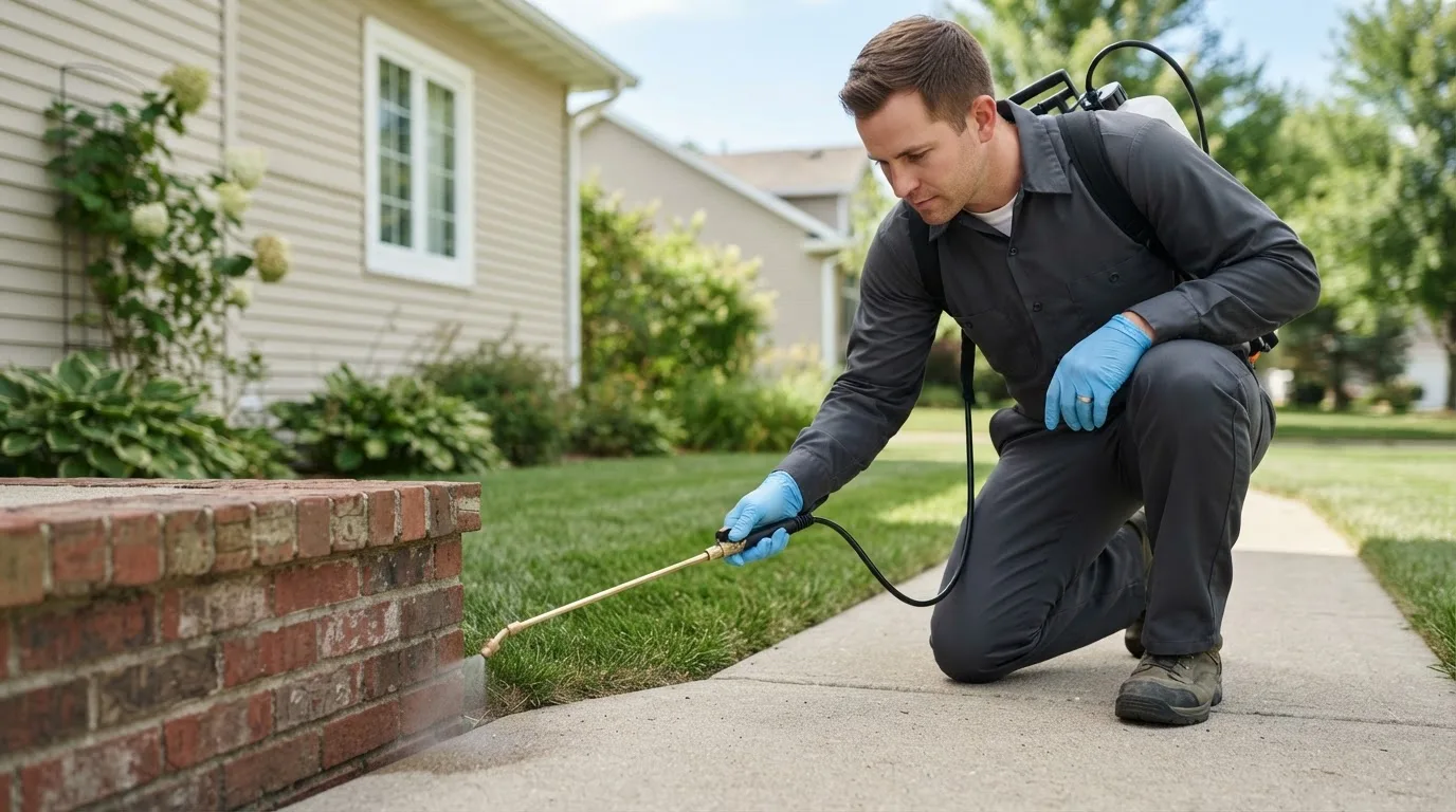 Pest control technician treating a home near West Hartford, VT